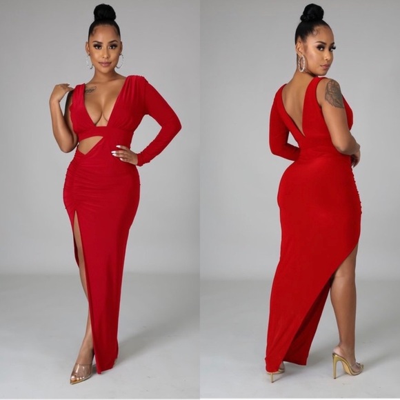 HOLIDAY RED ONE SHOULDER LONG SLEEVE CUT OUT FITTED MAXI DRESS - Picture 1 of 3